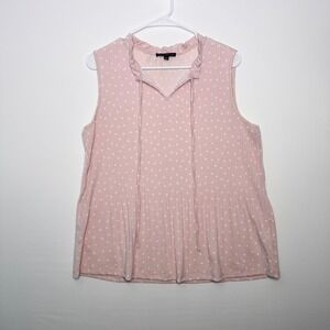 Adrianna Papell Pink Polka Dot Ruffle Neck Tie‎ Sleeveless Top Size L Preppy